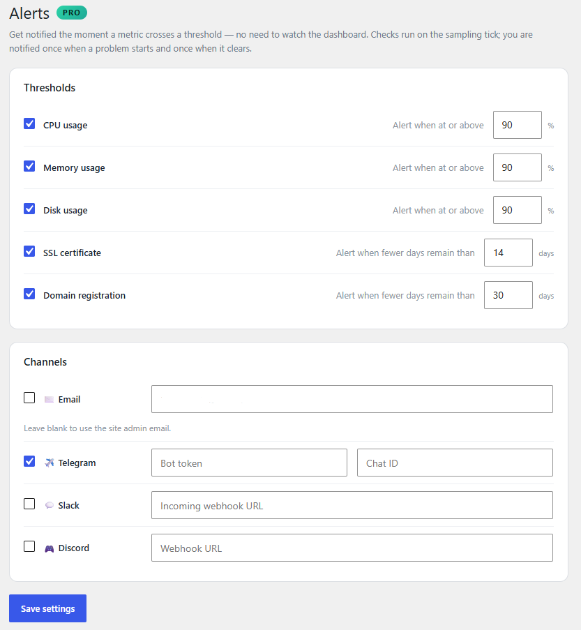 History and trends graphs with smart-alert thresholds and delivery channels for email, Telegram, Slack and Discord